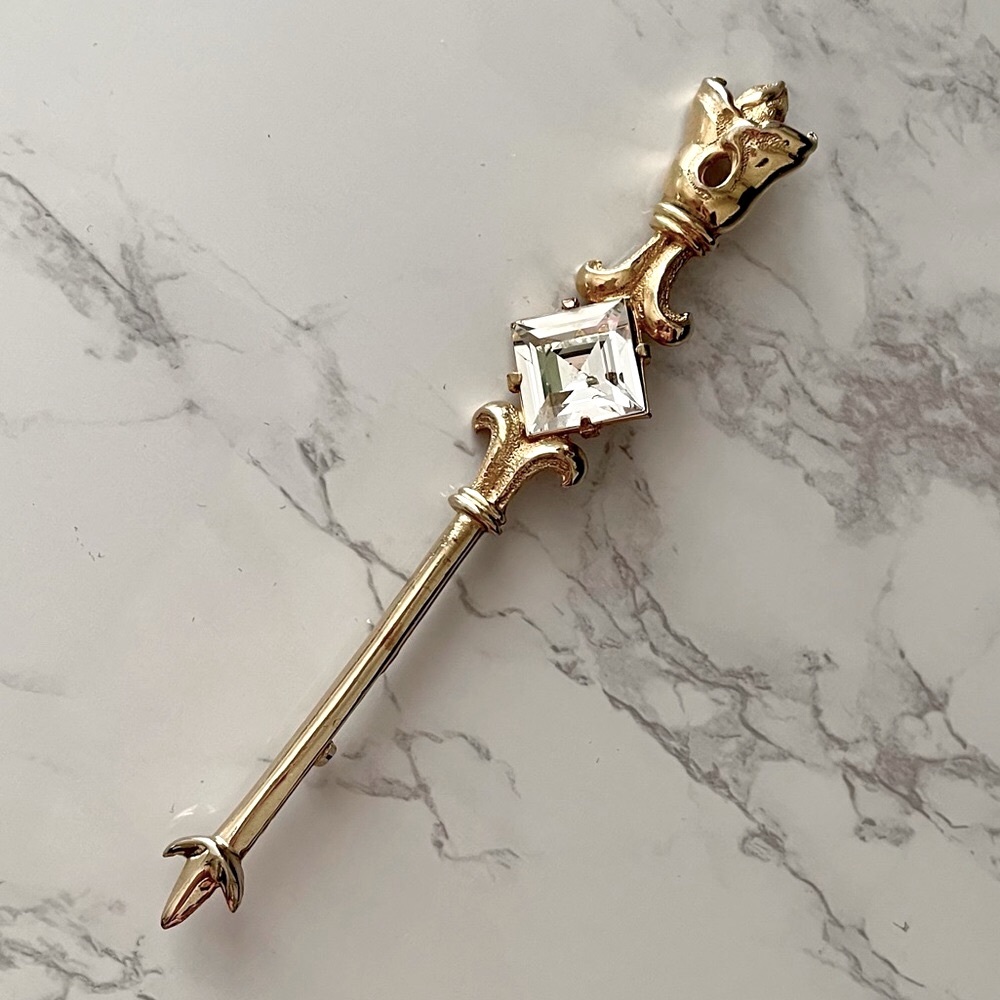 Vintage Gold and Crystal Scepter Brooch Pin by Bobley